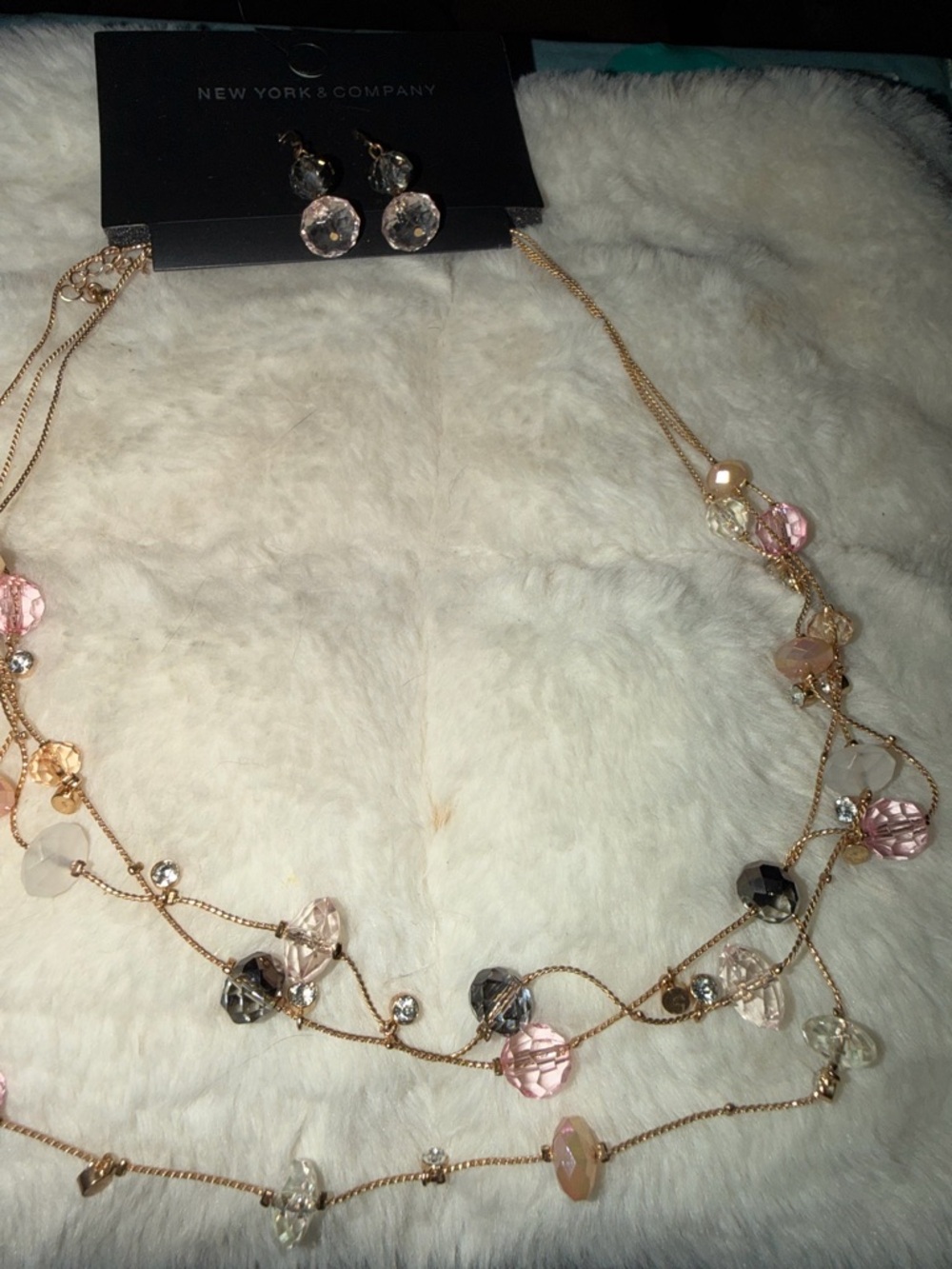 New York & Company Gold Multi-Strand Necklace with Pink and Clear Beads